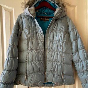 Eddie Bauer: ladies Size large, blue down filled puffer jacket